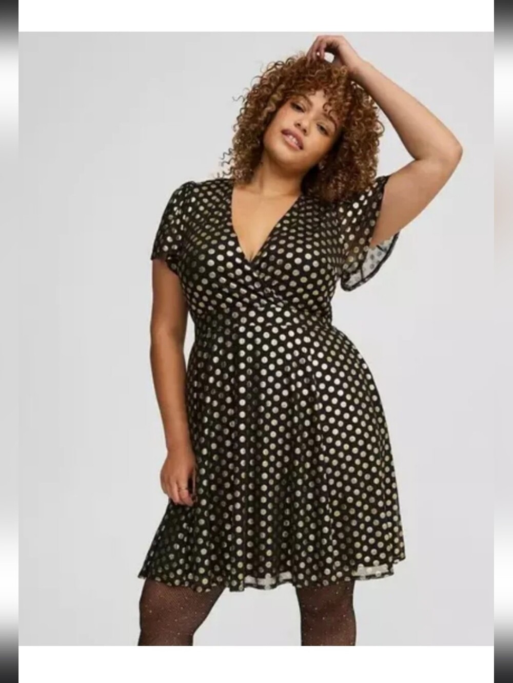 Torrid NWT Black Gold Metallic Polka Dot Faux Wrap Dress Size 2 18/20